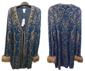 *  NEW WITH TAGS - CHICO'S SPARKLING JEWELED FLOCKED PATTERN SWEATER CARDIGAN IN BLUE MULTI WITH FAUX FUR CUFFS - WOULD MAKE A WONDERFUL CHRISTMAS OR BIRTHDAY GIFT