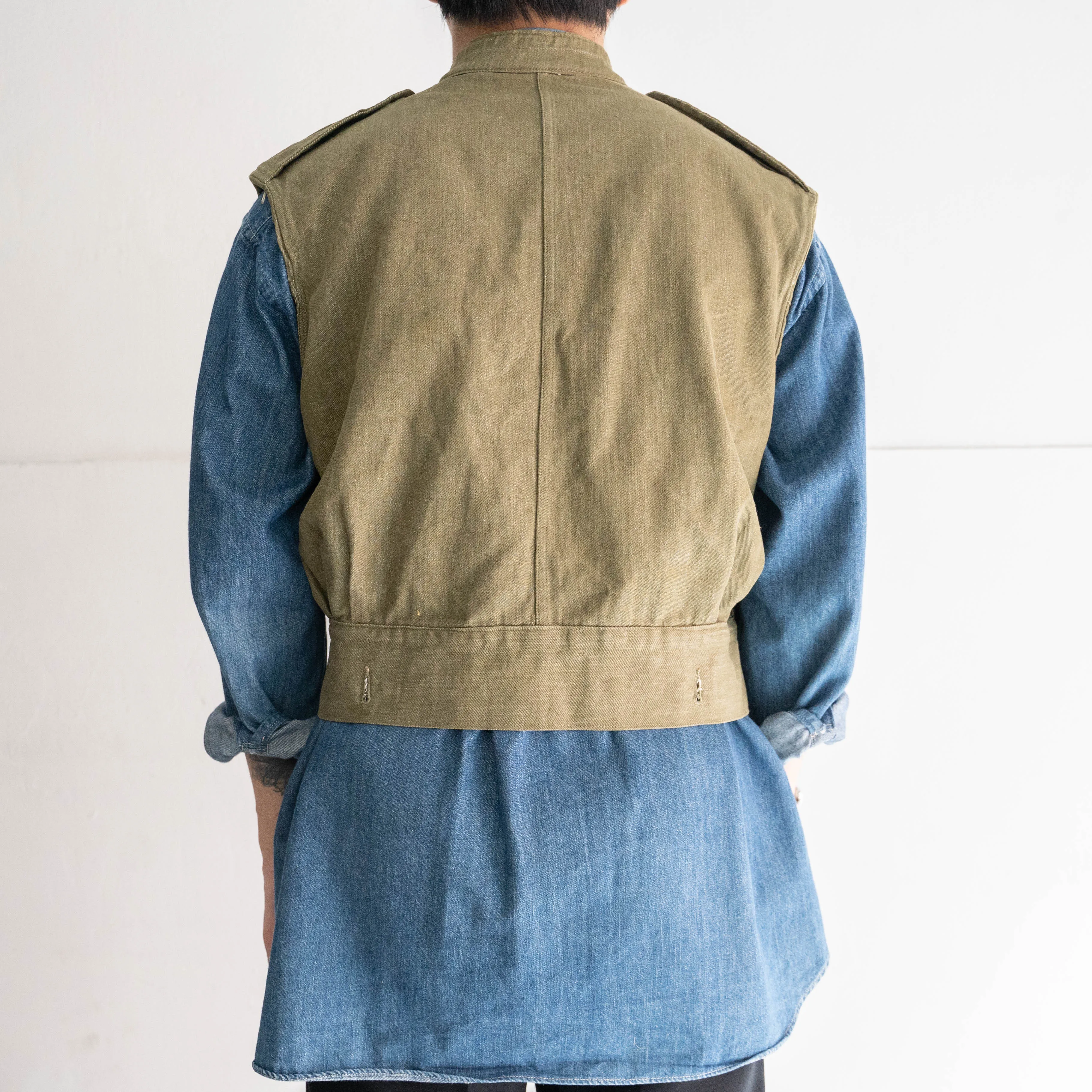 1950s British military green denim jacket 'vest - chin strap custom'