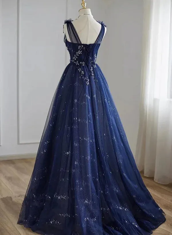 A-Line Princess Navy Blue Tulle Beaded V-neckline Party Dress Shiny Tulle Prom Dress