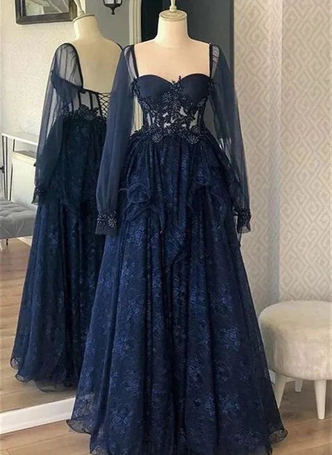 A-Line Princess Navy Blue Tulle with Lace Long Sleeves Prom Dress Navy Blue Party Dress