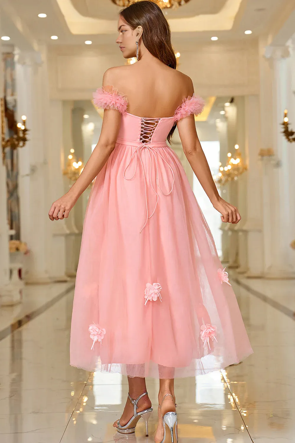 A Line Princess Off The Shoulder Tea length Prom Dress with Lace Up Back