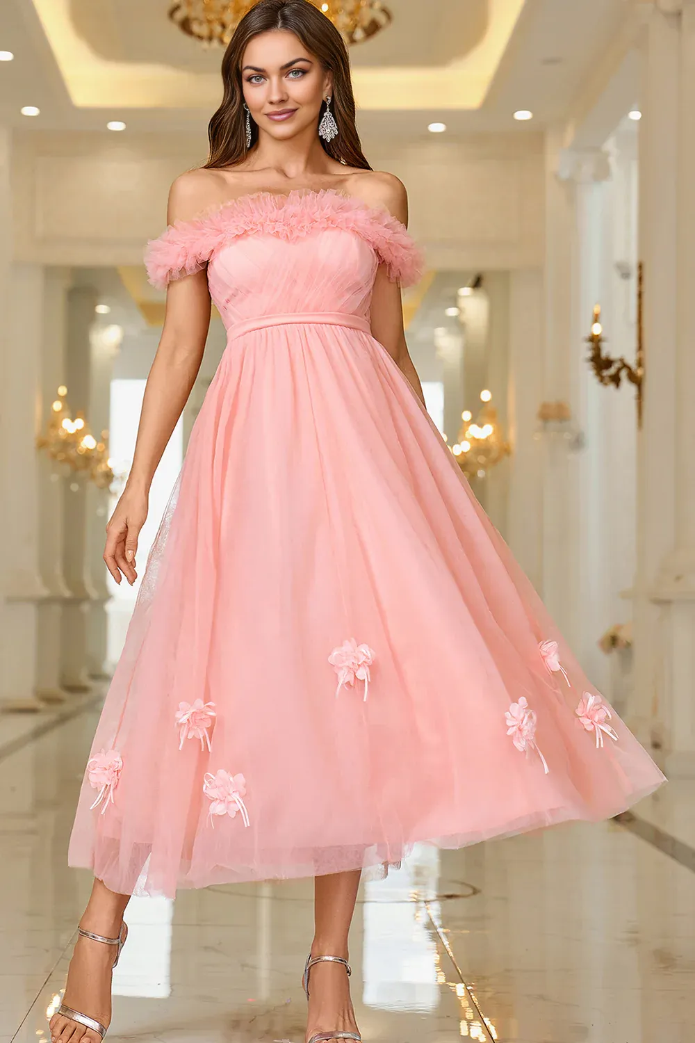 A Line Princess Off The Shoulder Tea length Prom Dress with Lace Up Back