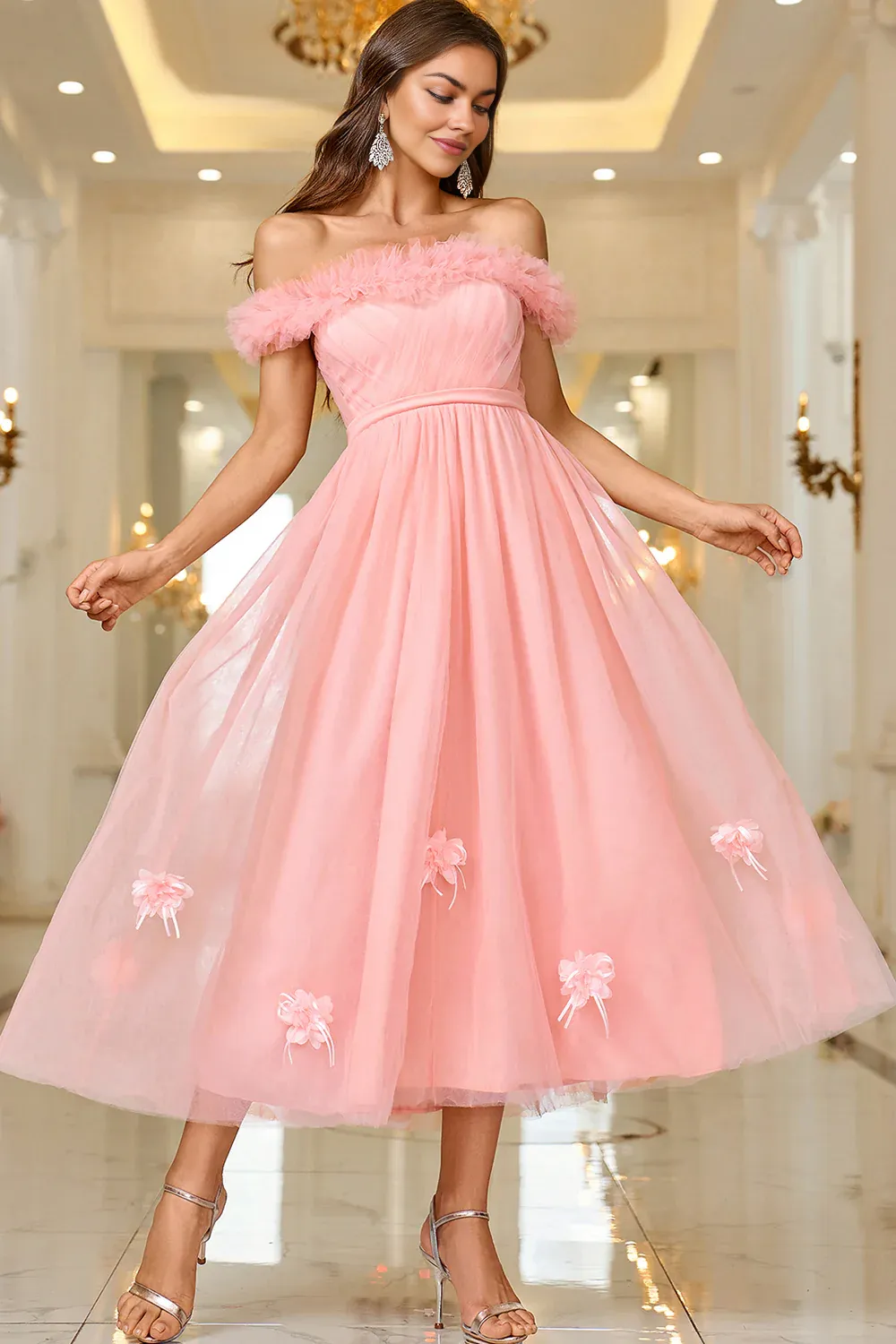 A Line Princess Off The Shoulder Tea length Prom Dress with Lace Up Back