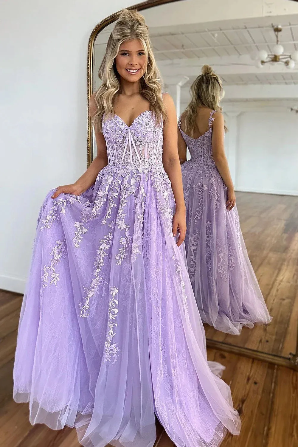 A-Line Princess Spaghetti Straps Long Tulle Prom Dresses Party Dress With Appliques