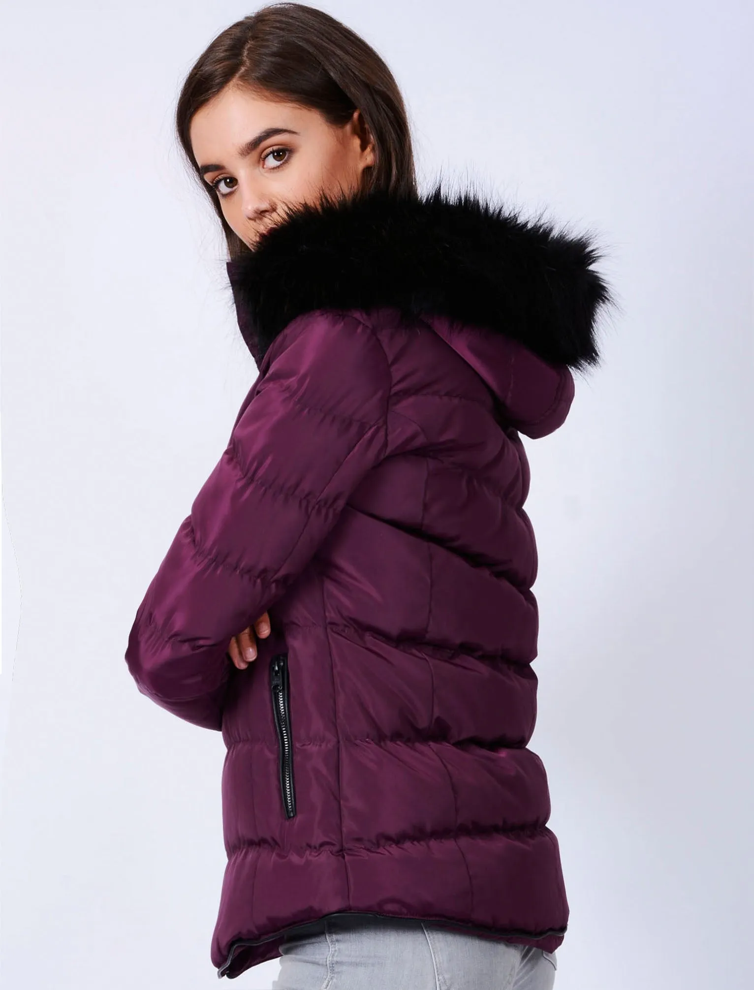 Adley Quilted Jacket with Detachable Fur Trim in Plum - Tokyo Laundry