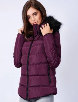 Adley Quilted Jacket with Detachable Fur Trim in Plum - Tokyo Laundry