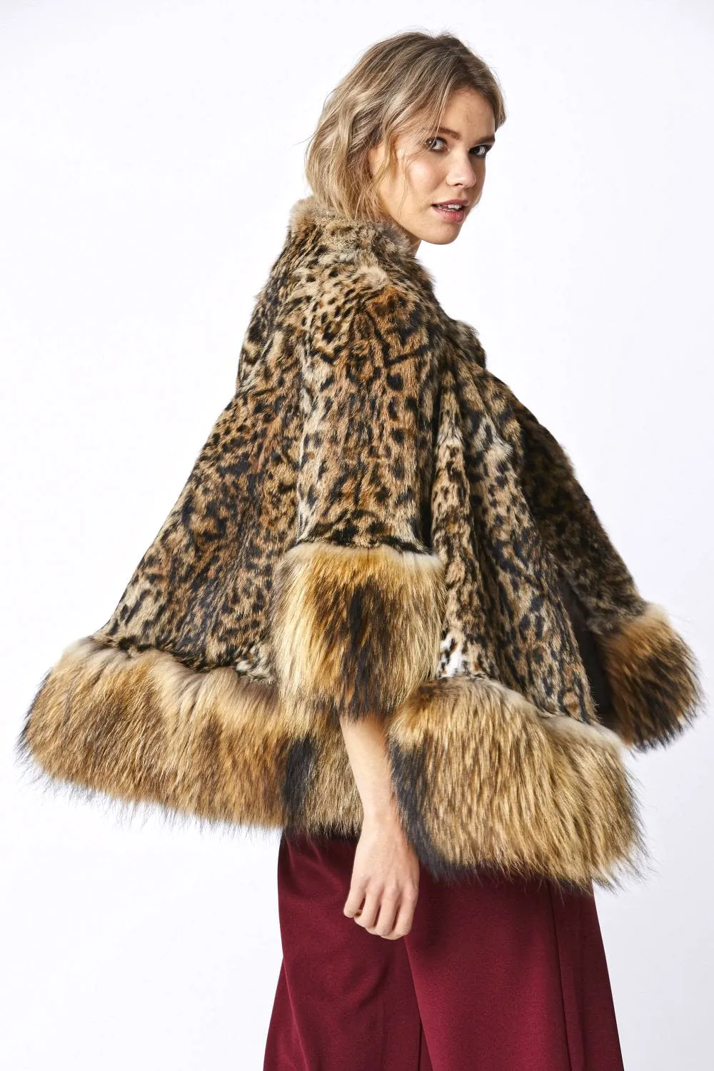 Amelia Animal Print Mocha Fox Fur Cape Coat