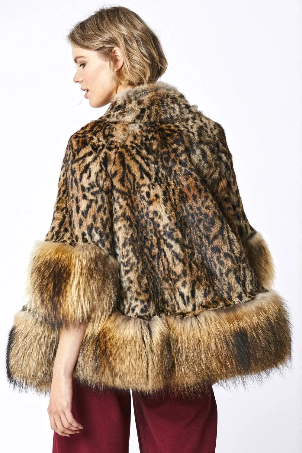 Amelia Animal Print Mocha Fox Fur Cape Coat