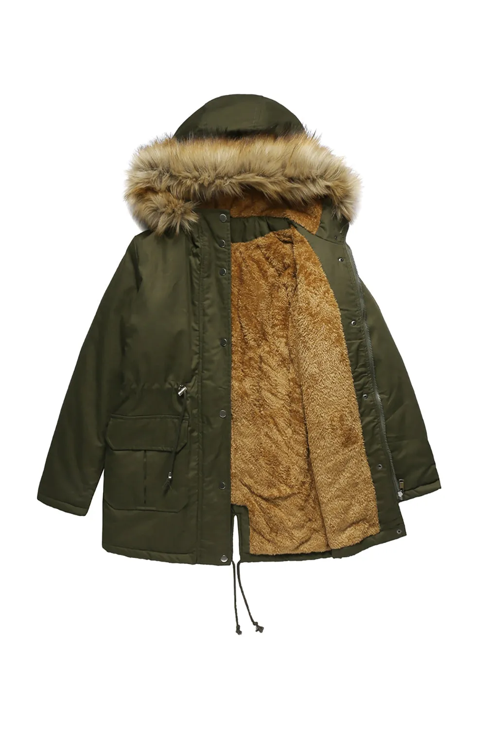 Army Green Fur Collar Drawstring Waist Thickened Mid Coat