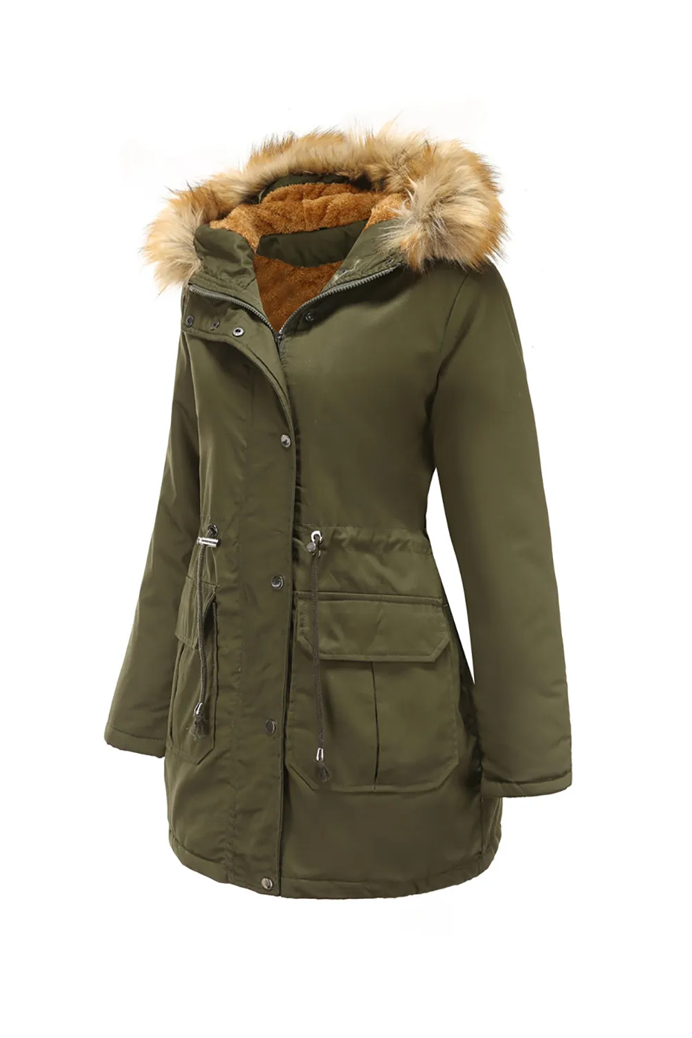 Army Green Fur Collar Drawstring Waist Thickened Mid Coat