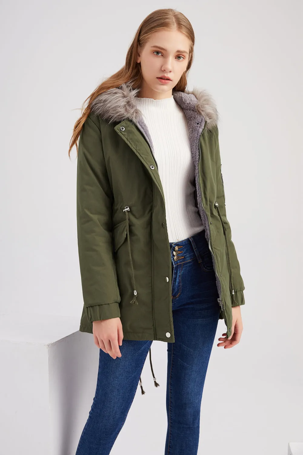 Army Green Mid-Length Hooded Winter Warm Plus Fleece Coat