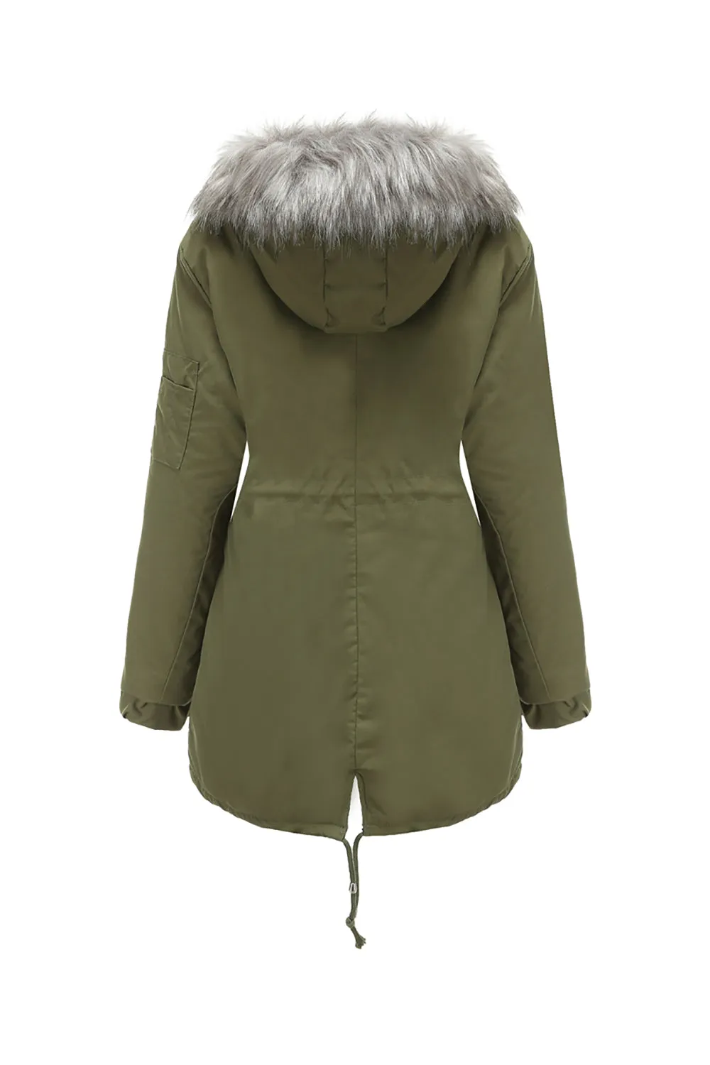 Army Green Mid-Length Hooded Winter Warm Plus Fleece Coat