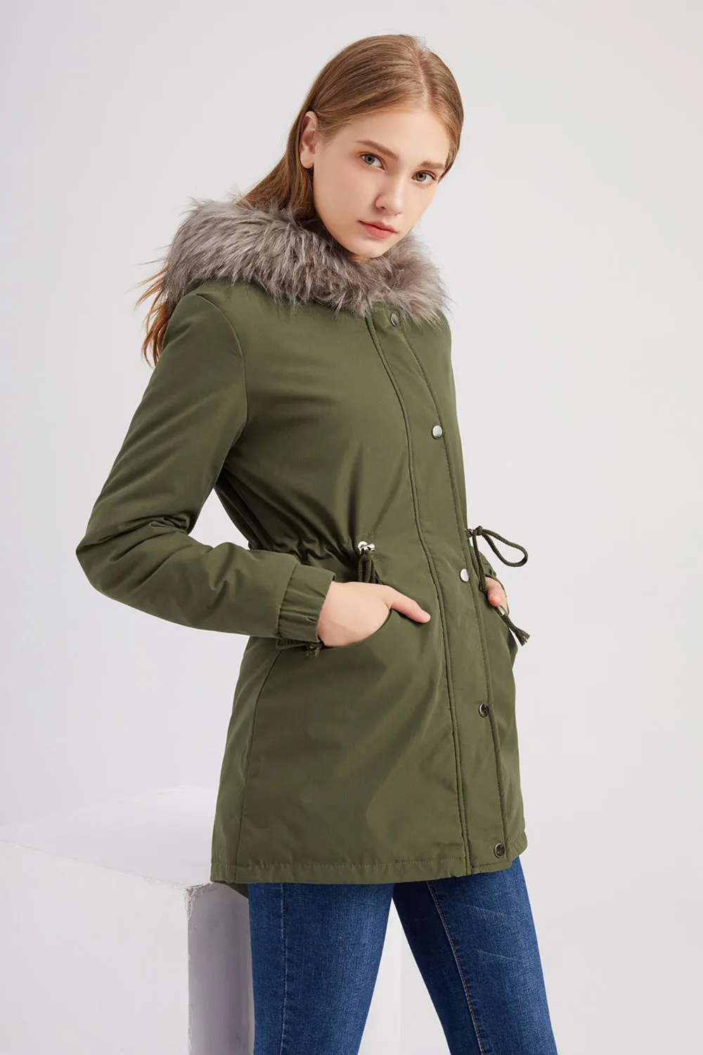 Army Green Mid-Length Hooded Winter Warm Plus Fleece Coat