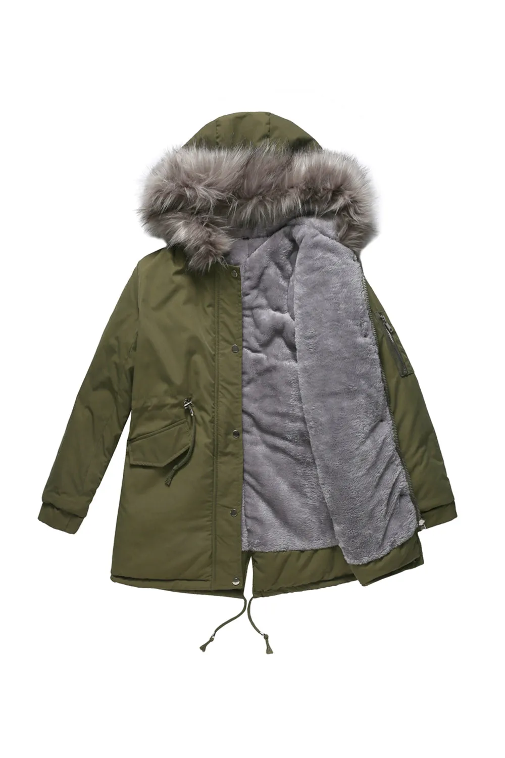 Army Green Mid-Length Hooded Winter Warm Plus Fleece Coat