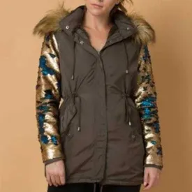 Army Green Parka Sequin Sleeves