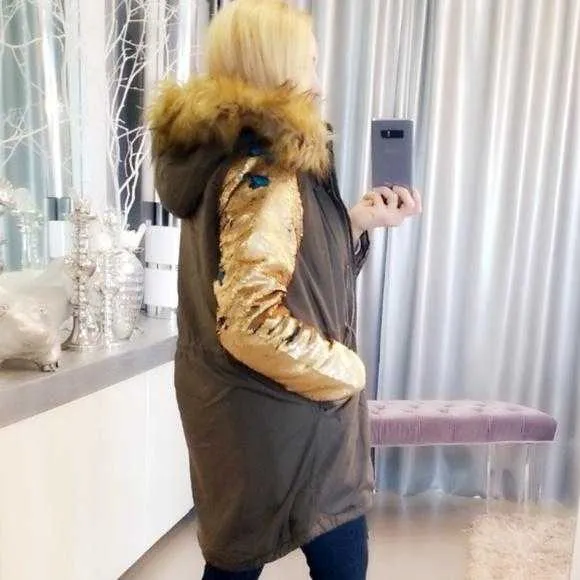 Army Green Parka Sequin Sleeves