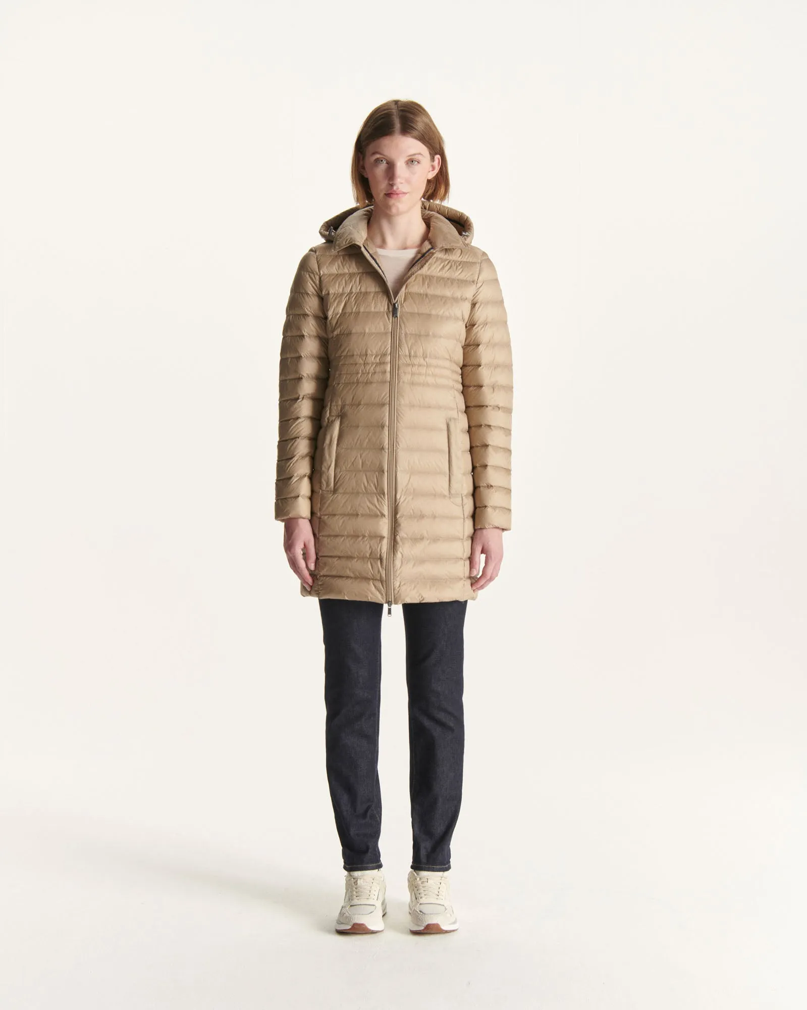 Beige Vero long hooded puffer jacket