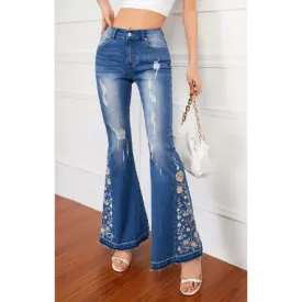 Bell Bottom Distressed Stretch Jeans with Embroidery