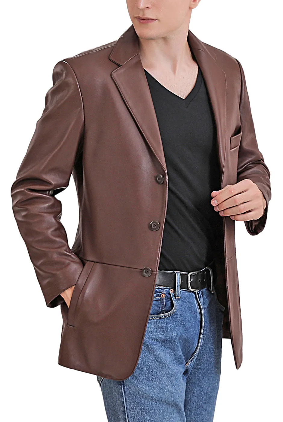 BGSD Men Leroy Three Button Lambskin Leather Blazer