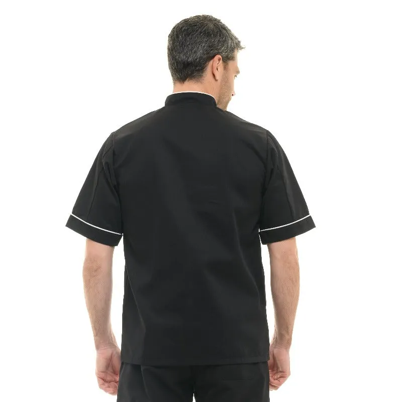 Black Kitchen Coat with White Piping Short Sleeve - MANELLI