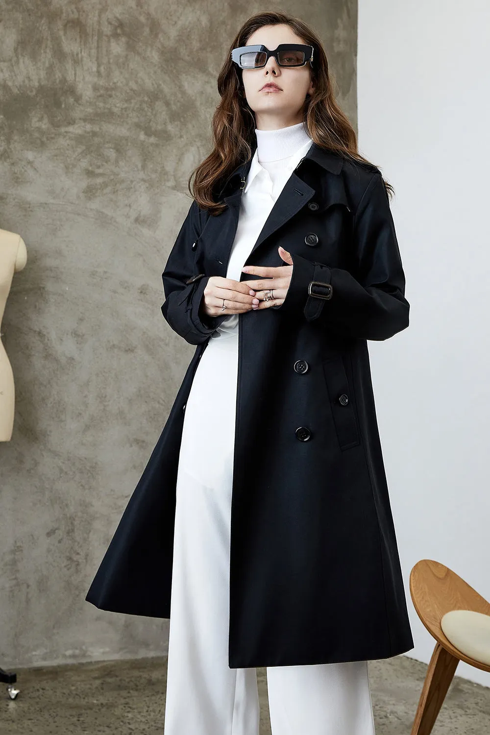 Black Lapel Double Breasted Trench Coat with Belt