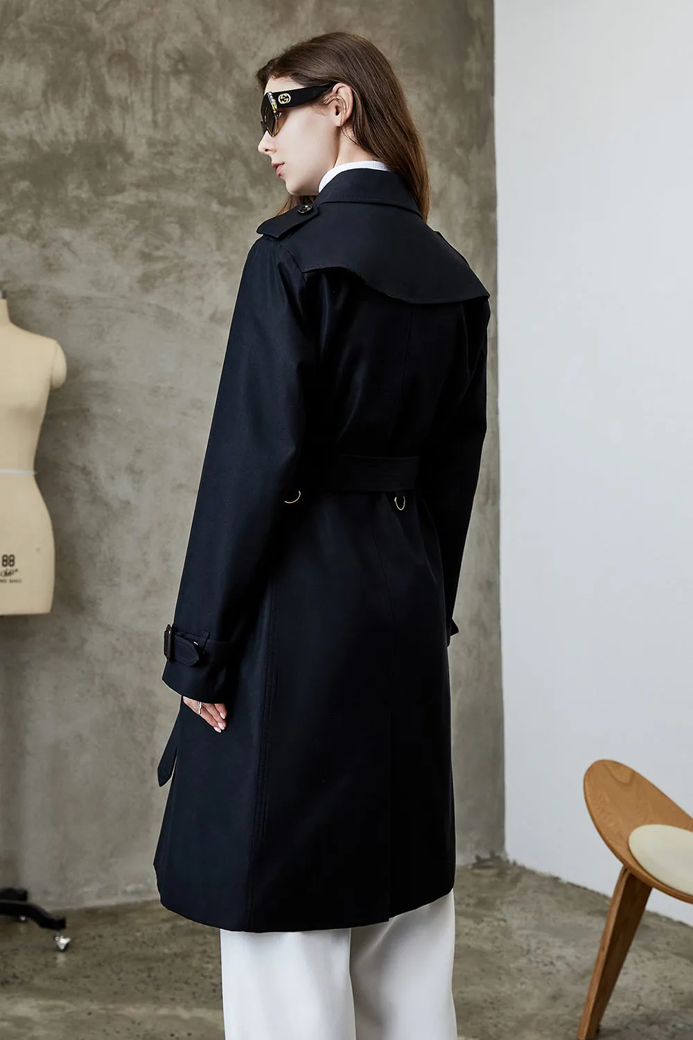 Black Lapel Double Breasted Trench Coat with Belt