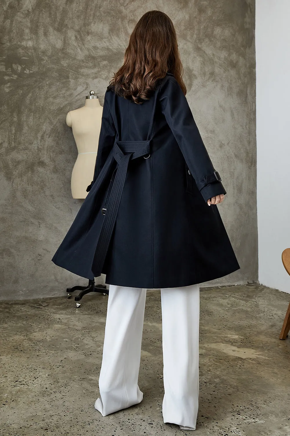 Black Lapel Double Breasted Trench Coat with Belt