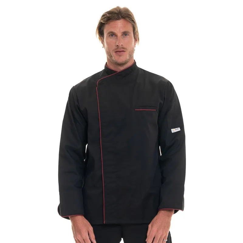 Black Long Sleeve Chef Coat with Long Burgundy Edging - MANELLI