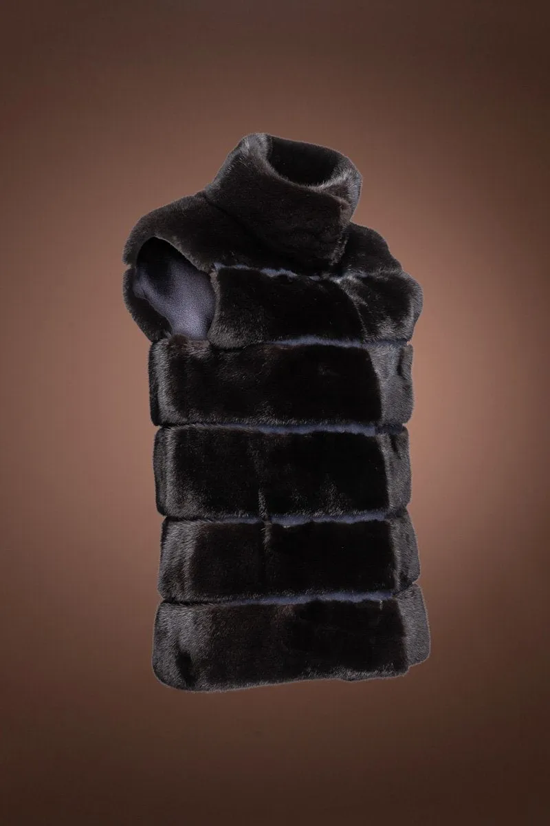 Black Mink Fur Vest - Navy Suede Inserts