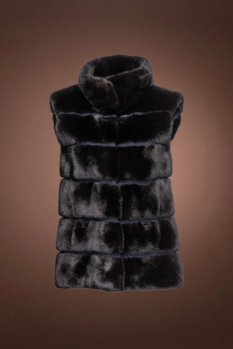 Black Mink Fur Vest - Navy Suede Inserts