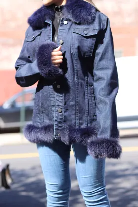 Blue Denim Jacket w/ Fox Fur Trim - Blue/Natural