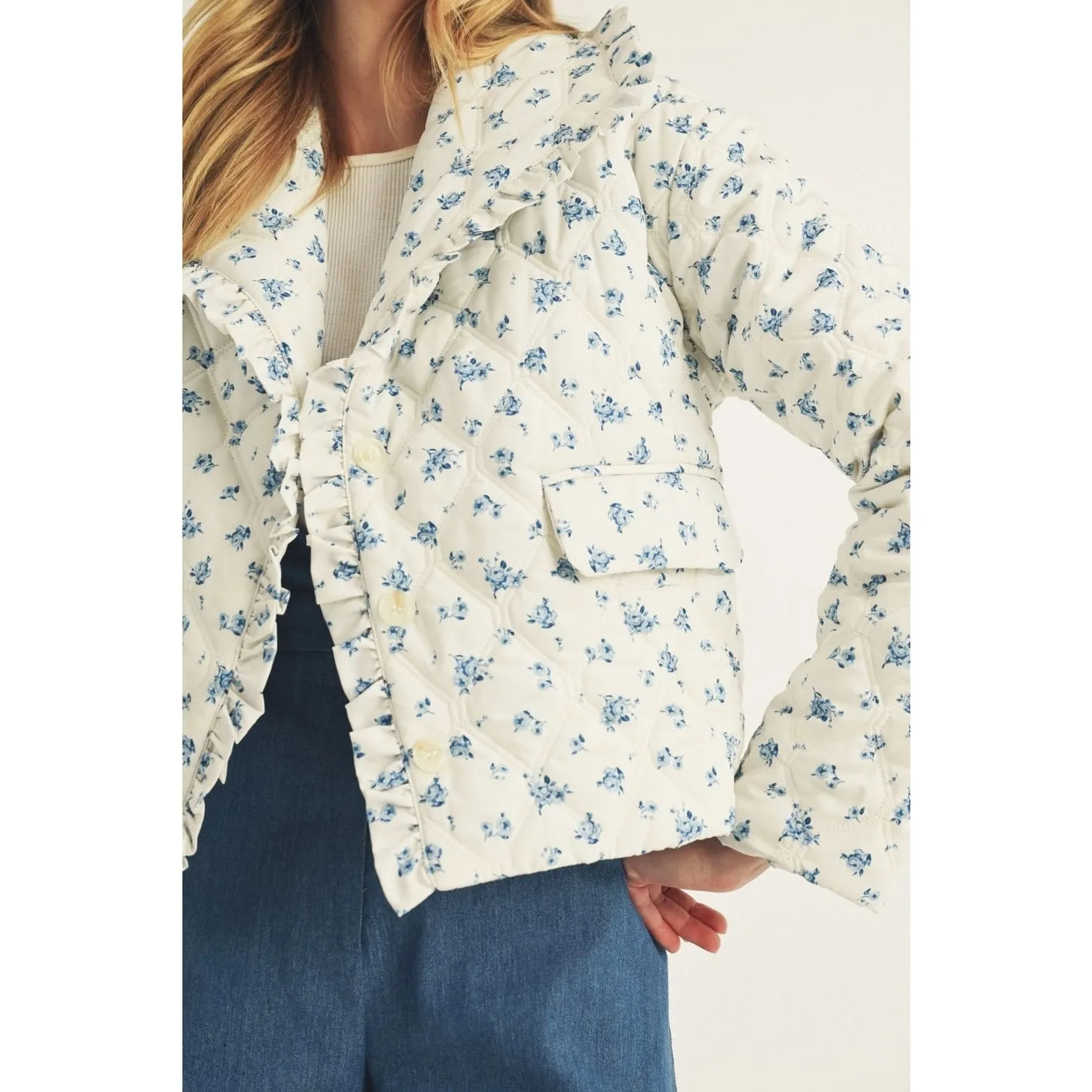 Blue Rose Print Quilted Puff Jacket