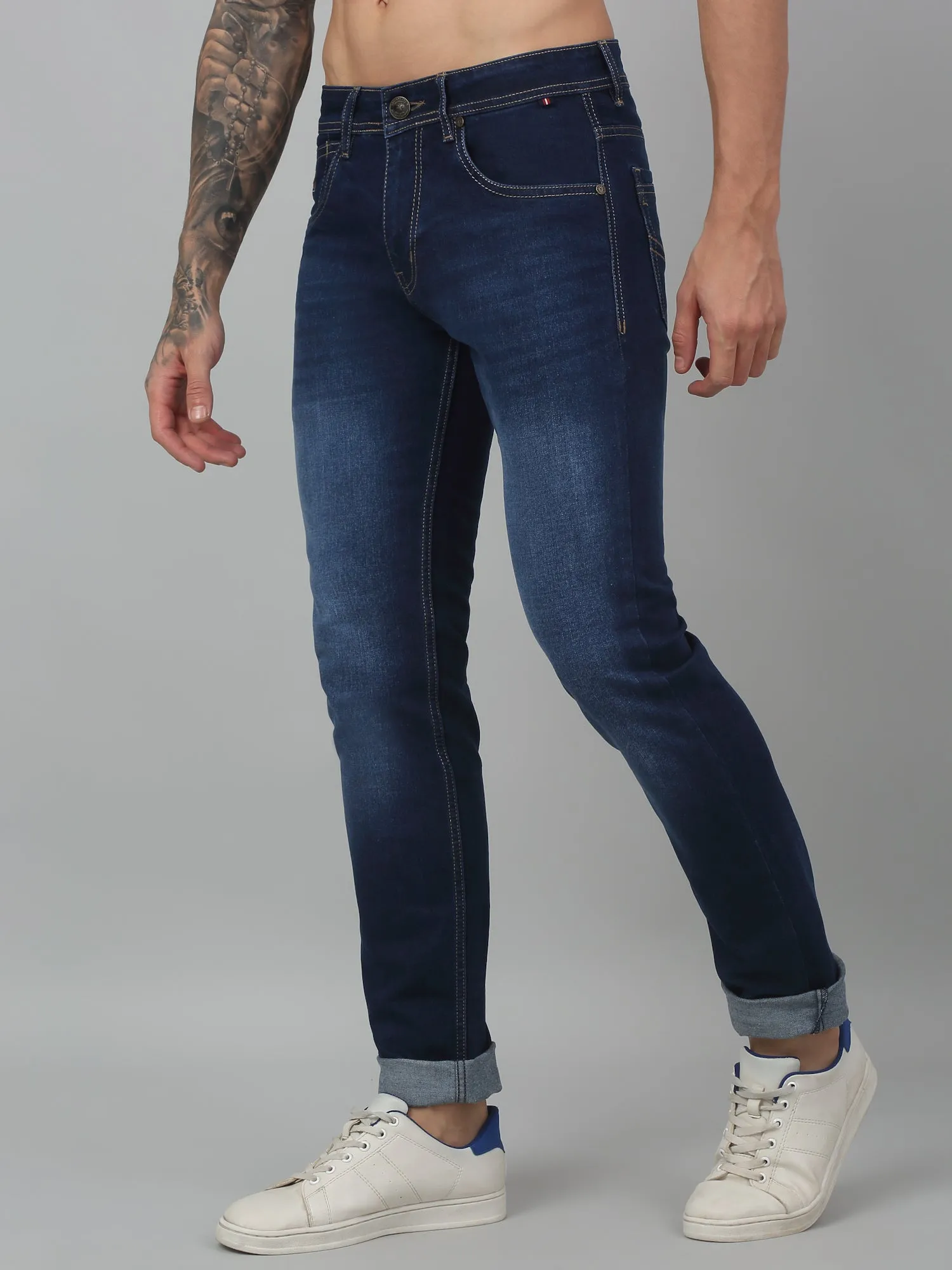 Cantabil Blue Solid Mid Rise Full Length Stretchable Jeans For Men