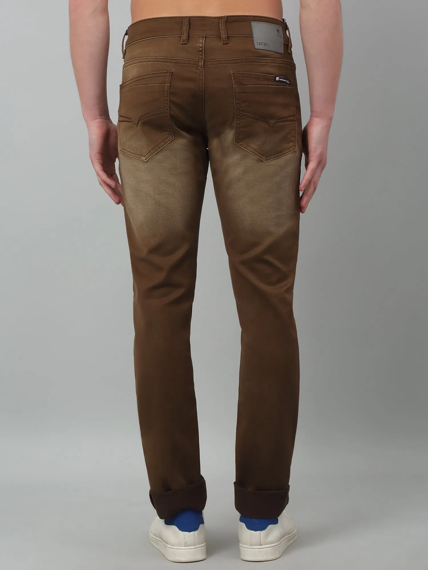 Cantabil Brown Solid Mid Rise Full Length Stretchable Jeans For Men