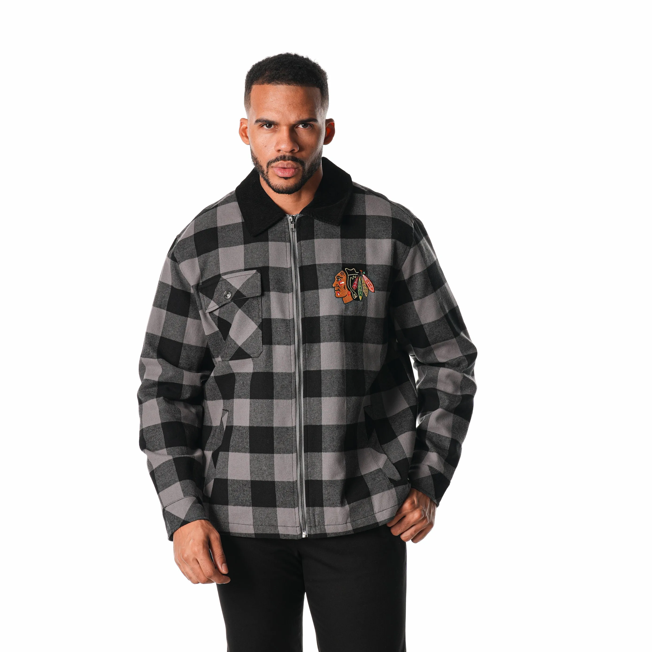 CHICAGO BLACKHAWKS FLANNEL ZIP FRONT JACKET - BLACK