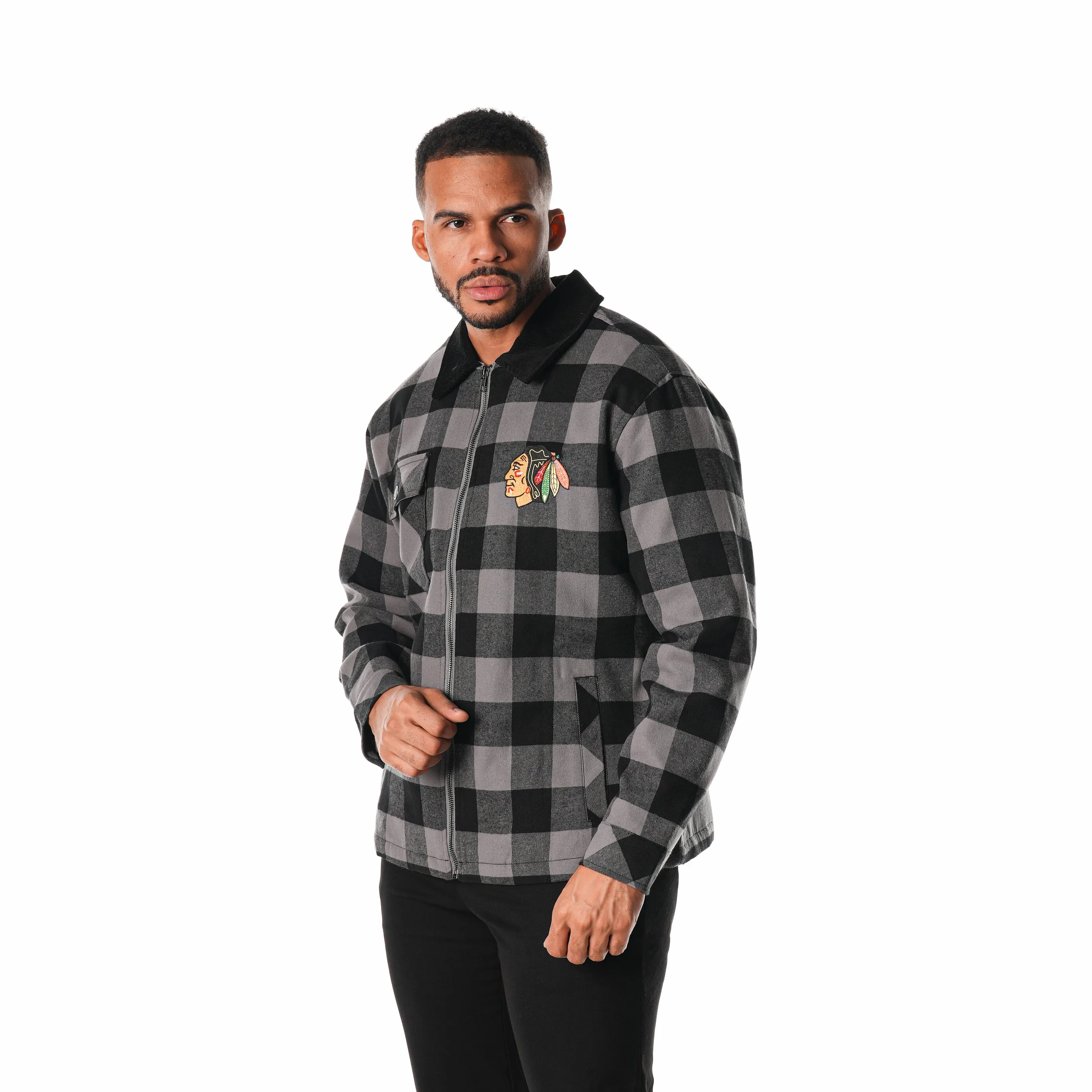 CHICAGO BLACKHAWKS FLANNEL ZIP FRONT JACKET - BLACK