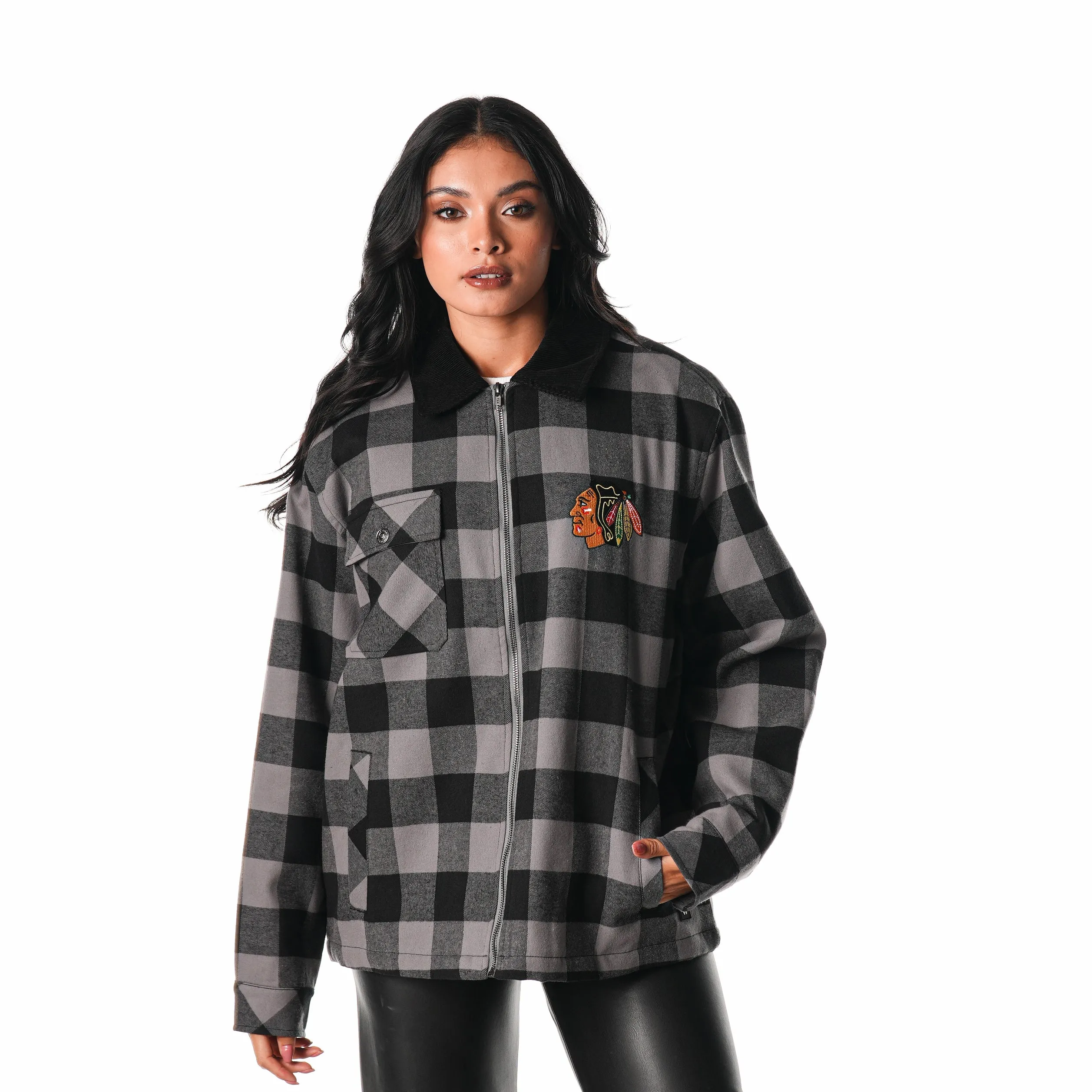 CHICAGO BLACKHAWKS FLANNEL ZIP FRONT JACKET - BLACK