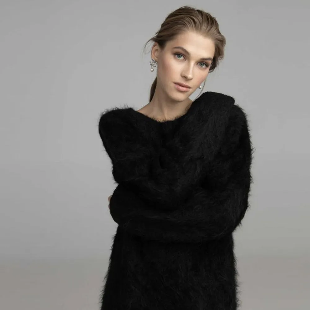 Cozy Fluffy Solid Round Neck Long Sleeve Mohair Sweater Dress