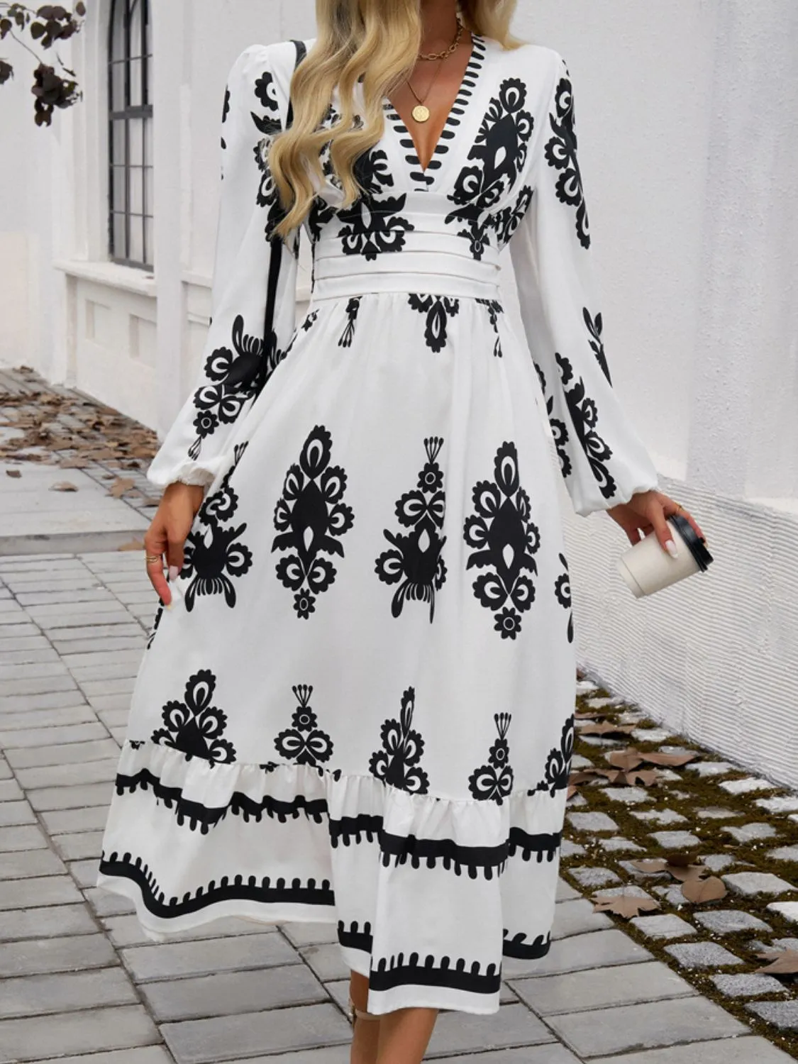 Devine Ruffled Printed Plunge Long Sleeve Dress