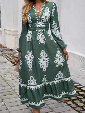 Devine Ruffled Printed Plunge Long Sleeve Dress