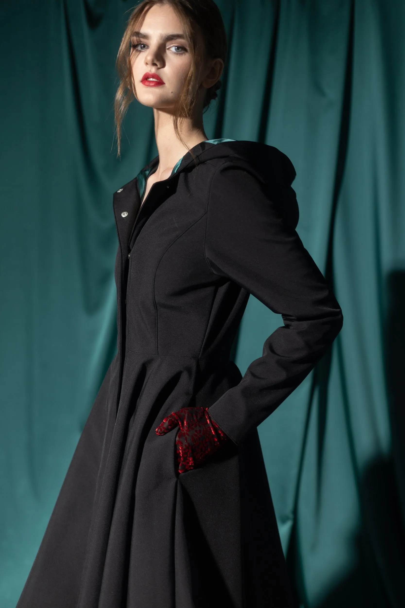 Fitted and Flared Coat with Full Circle Skirt in Black with Emerald Green | 'Deep Emerald'