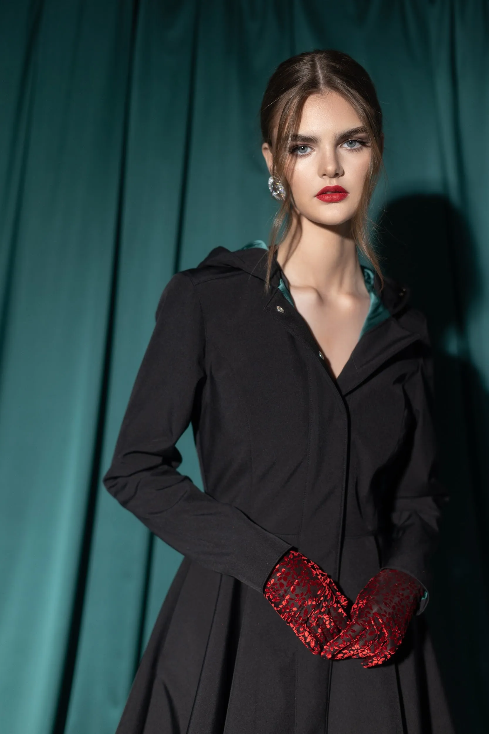 Fitted and Flared Coat with Full Circle Skirt in Black with Emerald Green | 'Deep Emerald'