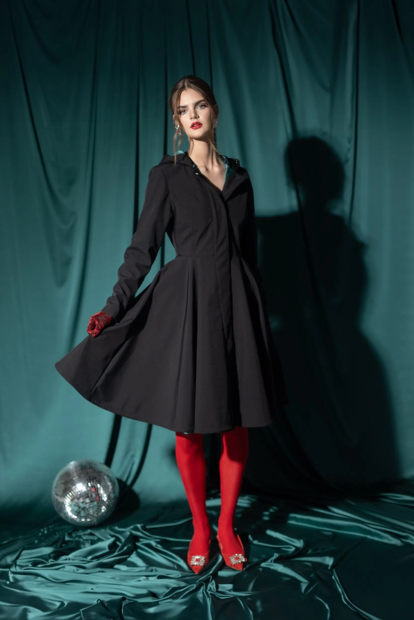 Fitted and Flared Coat with Full Circle Skirt in Black with Emerald Green | 'Deep Emerald'