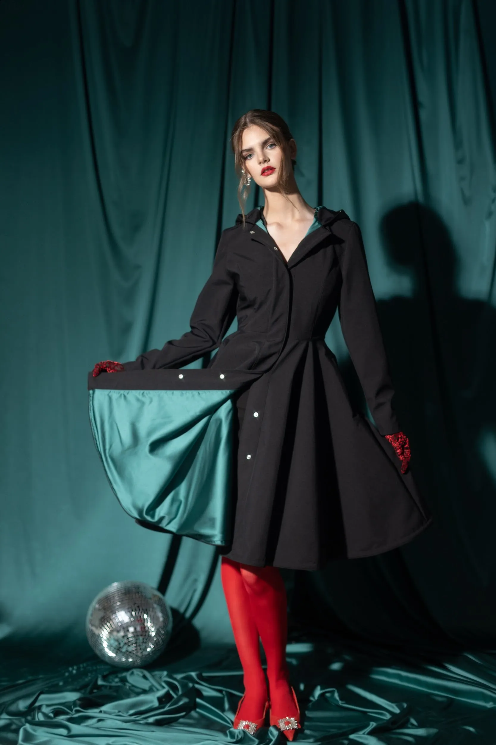 Fitted and Flared Coat with Full Circle Skirt in Black with Emerald Green | 'Deep Emerald'