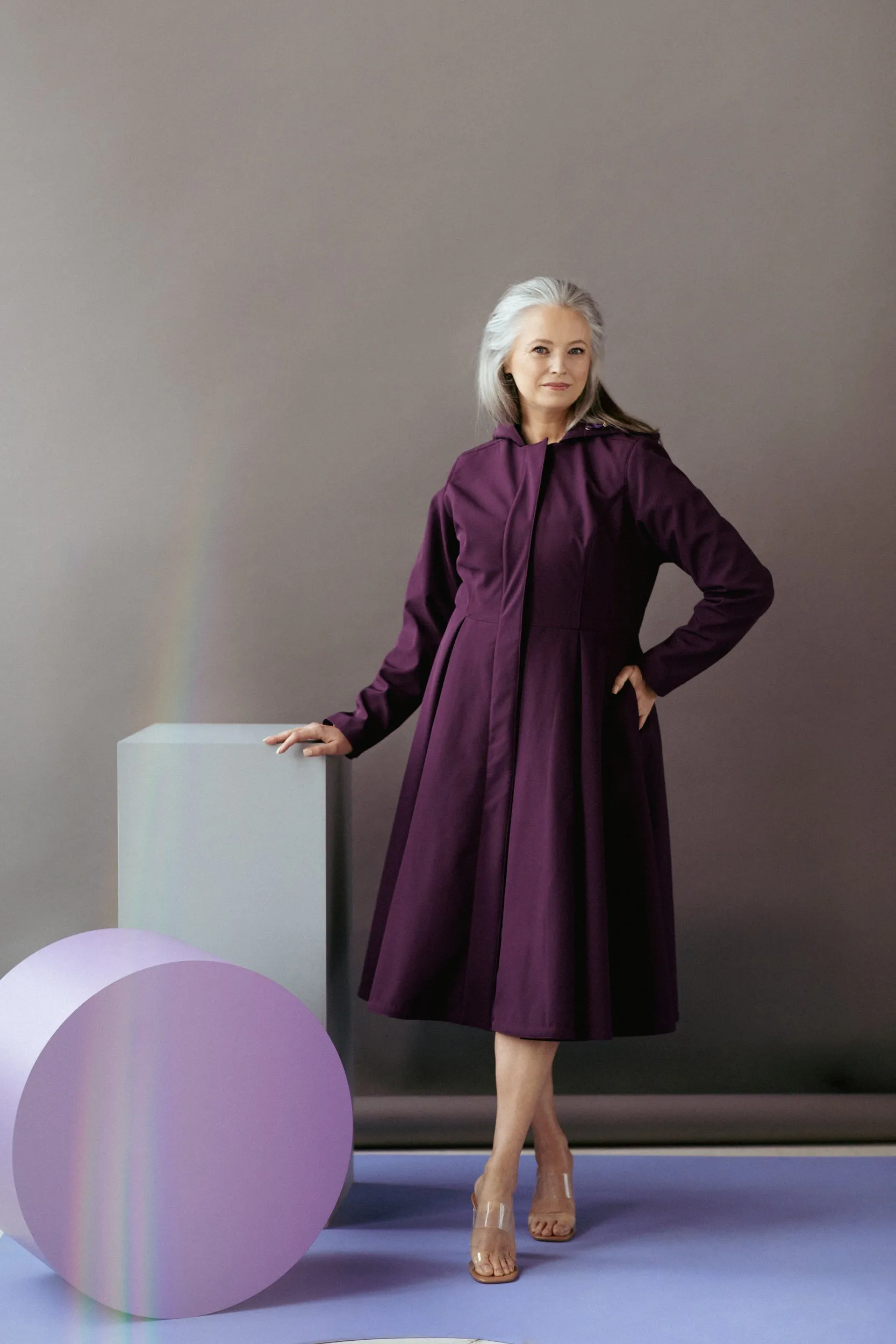 Fitted and Flared Coat with Pleated Skirts in Dark Purple | 'Ruby Purple'