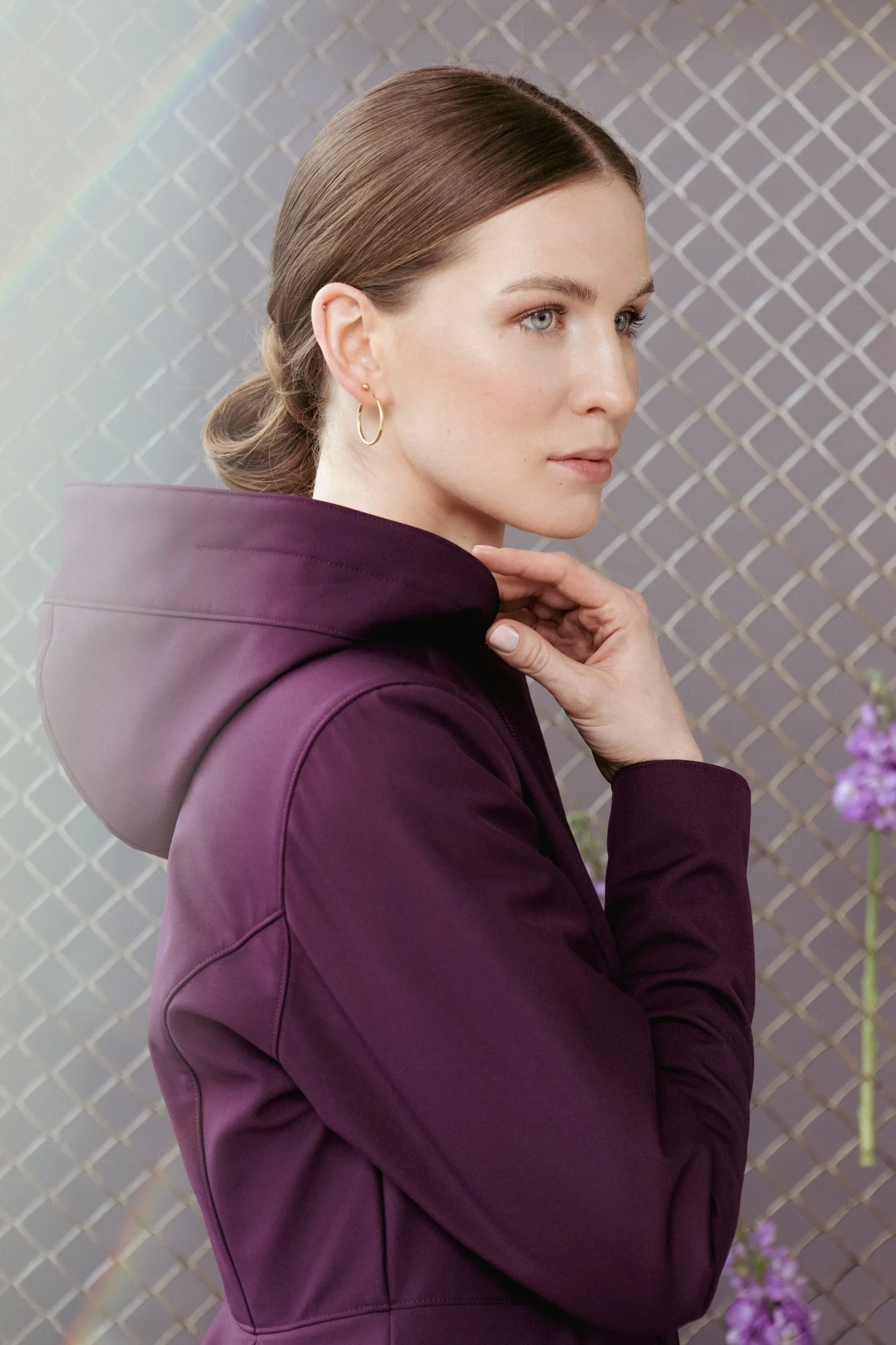 Fitted and Flared Coat with Pleated Skirts in Dark Purple | 'Ruby Purple'