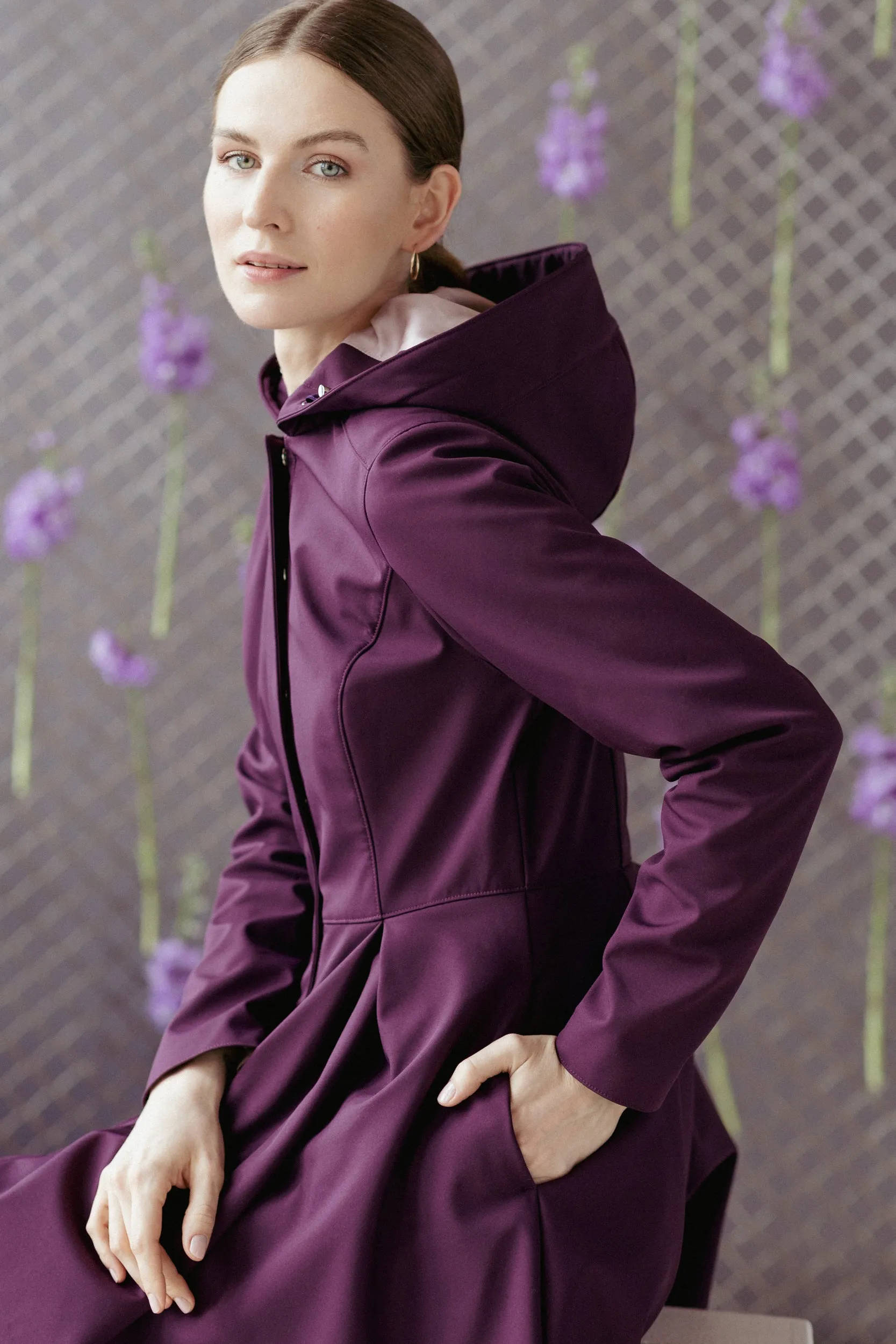 Fitted and Flared Coat with Pleated Skirts in Dark Purple | 'Ruby Purple'