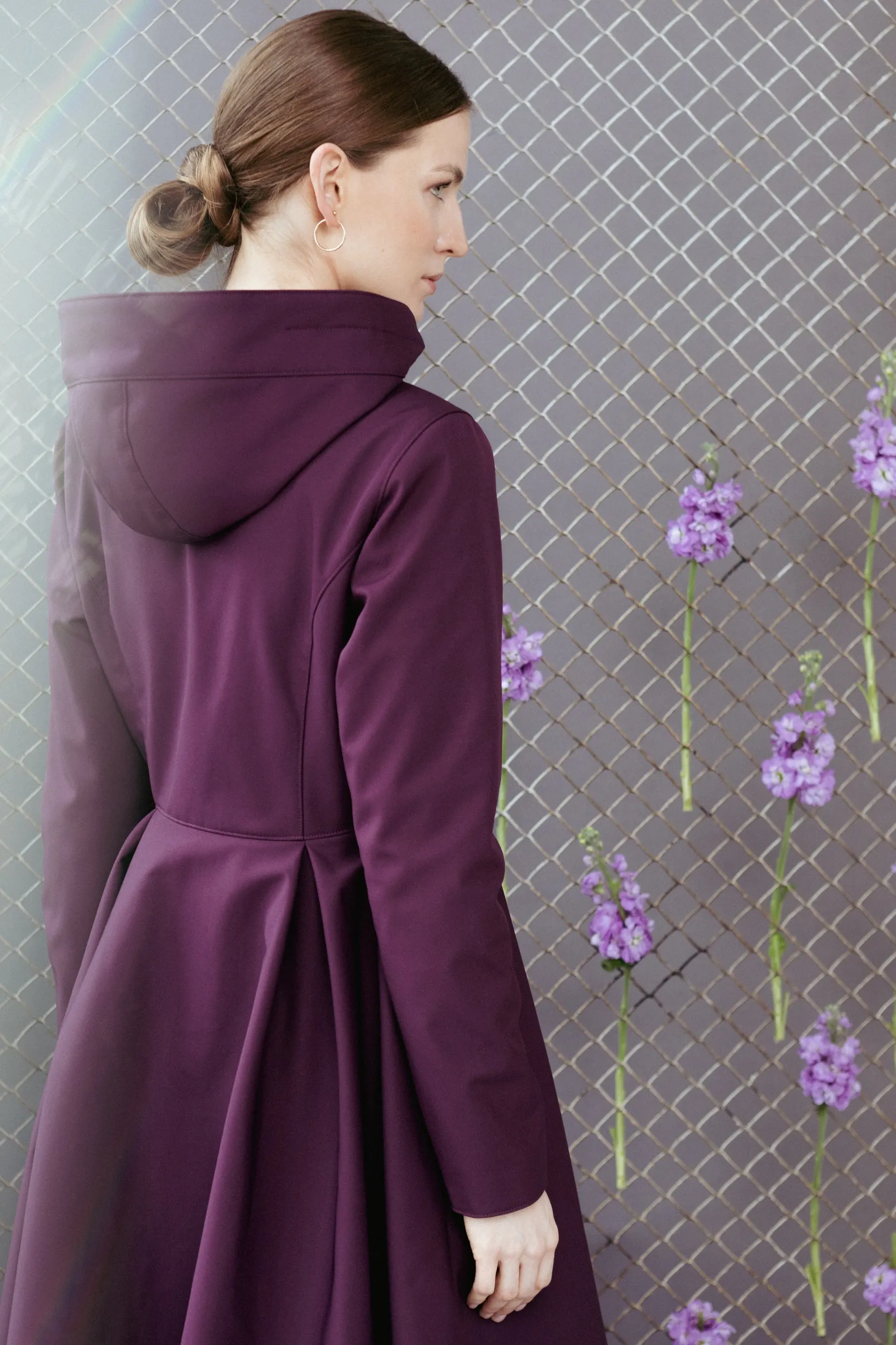 Fitted and Flared Coat with Pleated Skirts in Dark Purple | 'Ruby Purple'