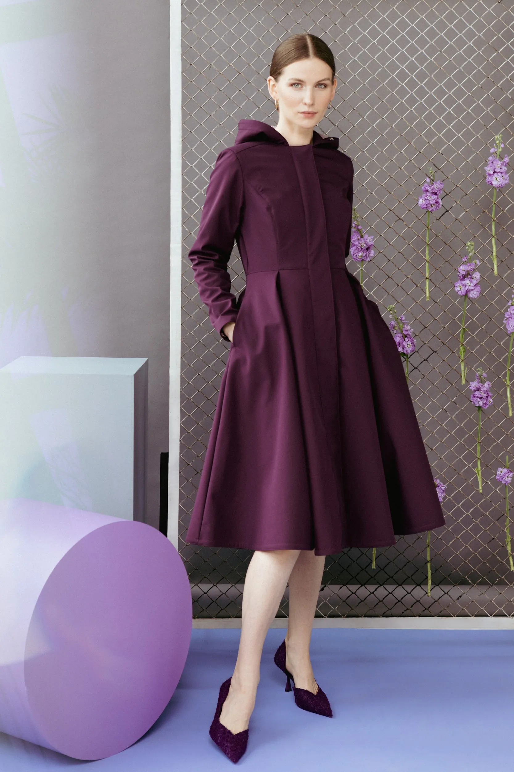 Fitted and Flared Coat with Pleated Skirts in Dark Purple | 'Ruby Purple'