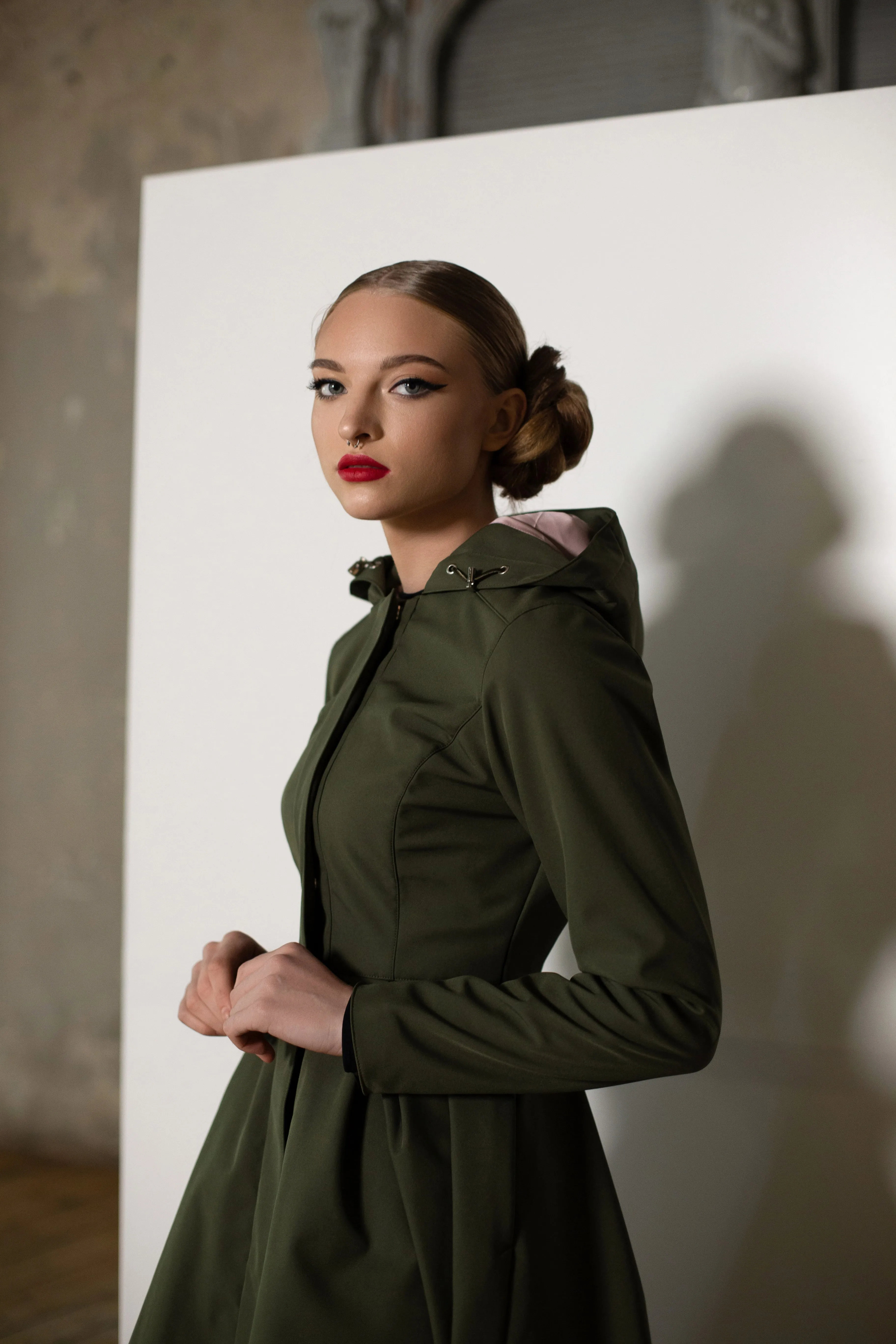 Fitted Coat with Pleated Skirt in Khaki Green | 'Moss Green'